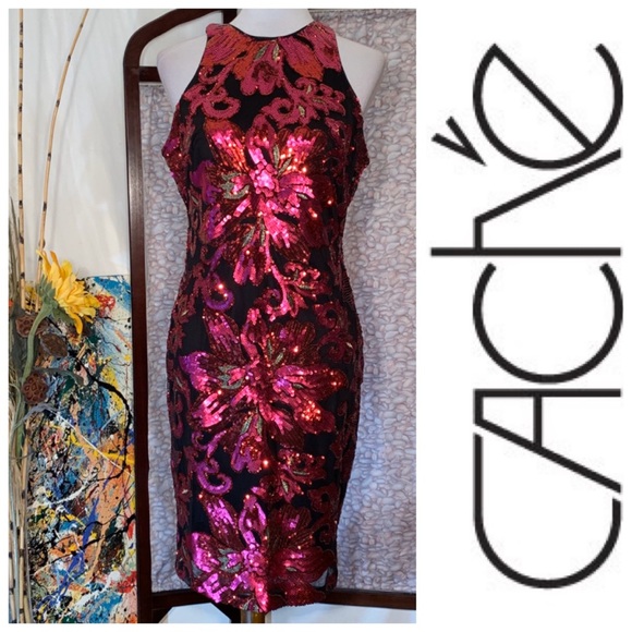 Cache Dresses & Skirts - Cache black with red floral sequins party dress.